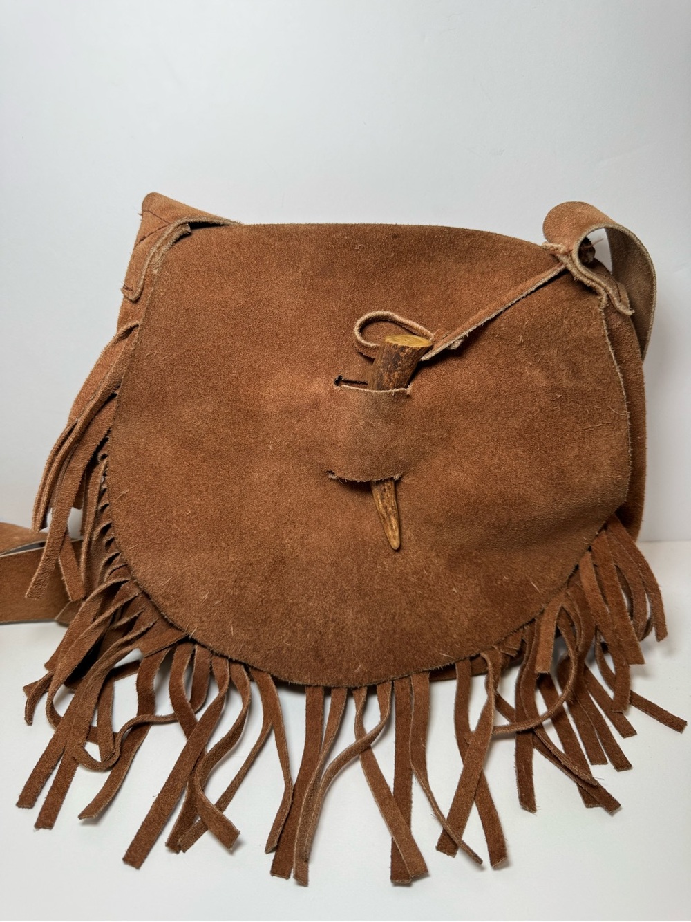 Handmade Genuine Suede Fringe Crossbody Bag with Antler Toggle Closure
